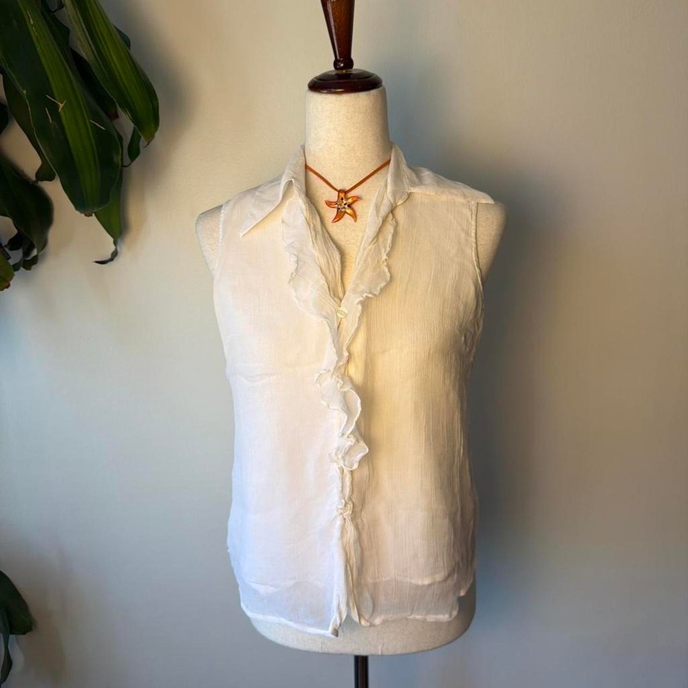 New York City Design Co Vintage 90s Silk Ruffle Sleeveless Blouse White Small